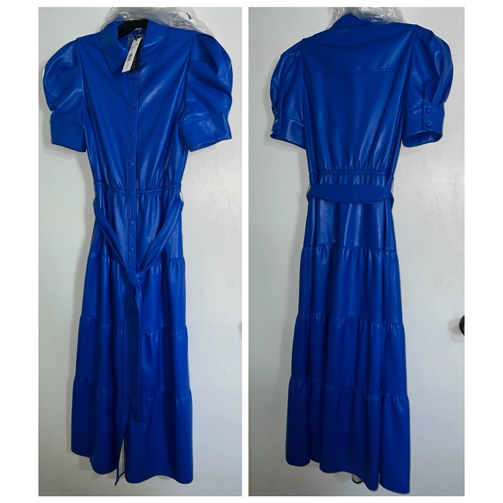 Alice + Olivia Miranda Sapphire Blue Vegan Leather Button Front Tiered Dress - Picture 8 of 16